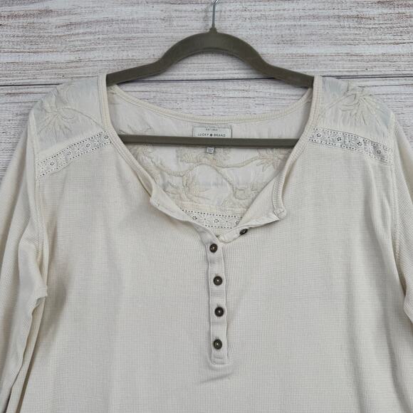 Lot of 2 Lucky Tops Womens XL Cream Brown Thermal Henley Button Down - Picture 12 of 16